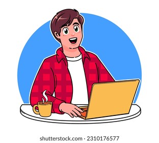 un hombre que trabaja en una laptop, se centra en estudiar, una taza de café caliente