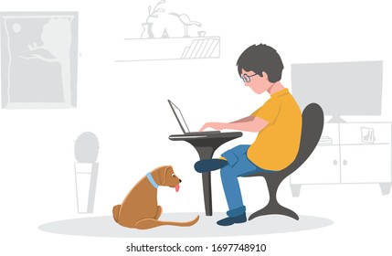 Man Is Working On A Laptop. Freelance, Digital Art Or Drawing With A Graphic Tablet And Computer. Vector Illustration Isolated On Grey Room Interior. Dog Wants To Play With A Boy. Work Form Home 