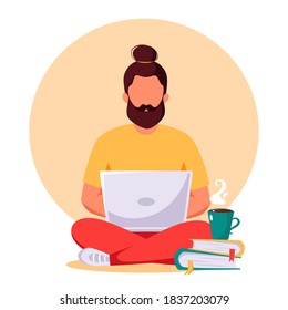 Man working on laptop. Freelance, remote working, online studying, work from home concept. Vector illustration