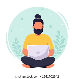 Man working on laptop. Freelance, remote working, online studying, work from home concept. Vector illustration in flat style.