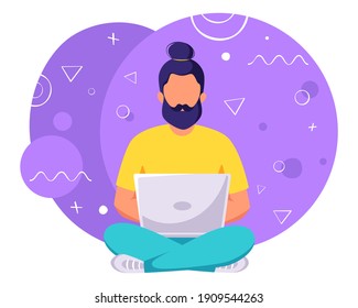 Man working on laptop. Freelance, online studying, remote work. Vector illustration