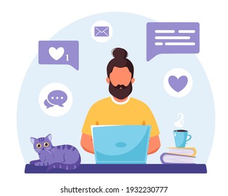 Man working on laptop. Freelance, online studying, remote work concept. Vector illustration