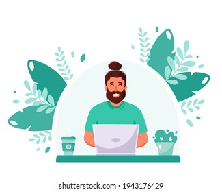 Man working on laptop. Freelance, online studying, remote work concept. Home office. Vector illustration in flat style.