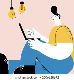 Man working on laptop, freelance job, creative work, online work, brainstorming and ideas, innovative solutions, education and learning concept. Courses, trainings, tutorials, business start concept