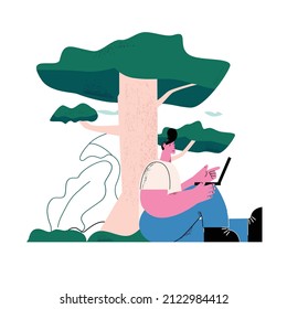 Man working on laptop, freelance job, remote work, online work, distance job. Working in the park, man with laptop outdoors vector illustration