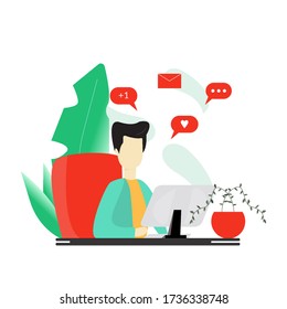 Hombre trabajando en laptop. Trabajo remoto de empresario independiente. Oficina moderna con burbujas de mensajes. Manténgase en casa. Diseño plano y moderno con gradiente.