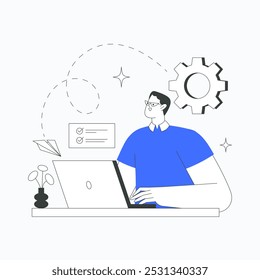 Man working on laptop with gear and paper plane in flat vector illustration symbolizing remote work, project management, and technology, isolated on white background.