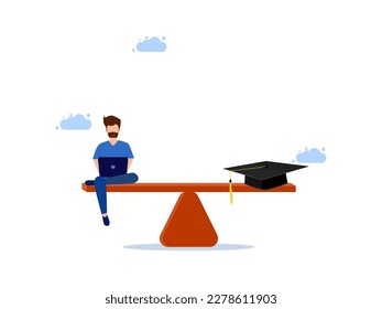 man working on laptop and graduation cap on scales. Balancing work and study