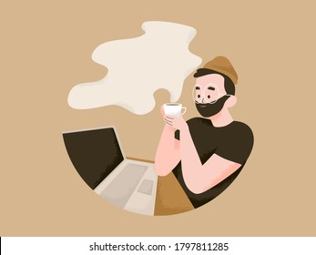 Man working on laptop and have a coffee illustration. International day of coffee with text space concept