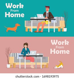 Man working on a laptop from home. Man dresses like working in the office but at home. vector illustration
