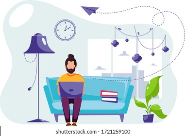 Man working on laptop at home. Remote work, freelance, online studying, stay home concept. Vector illustration