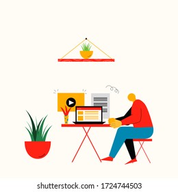 Man working on laptop. Man working from home. Home office vector flat style. Workspace vector illustration eps 10.