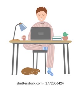 Man is working on a laptop at home at a Desk with a dog under it. Flat vector hand drawing.