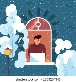 Man working on laptop at home. Freelance guy. Winter outside the window. Cute vector illustration.