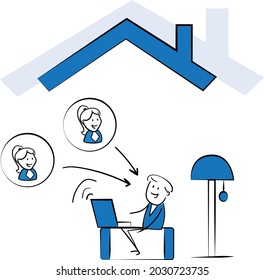 Man working on laptop at home office concept. Teleconference and online business call Looking at Computer Screen and Talking with Colleagues.isolated vector illustration doodle art. Speech bubble
