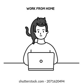 Man working on laptop at home while cat playing around him. Stay home and working concept. Elearning study, work at home, Online education, Thin line art, Hand drawn sketch, Vector illustration.