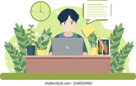 Man working on laptop at home illustration