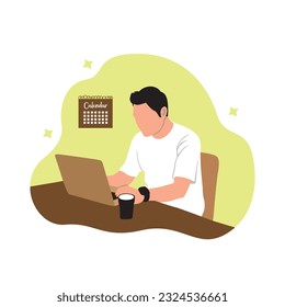 Man working on laptop at home. Freelance work concept. Vector illustration in flat style
