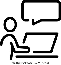 Man Working on a Laptop at Home or in an Office. Vector Line Icon