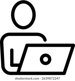 Man Working on a Laptop at Home or in an Office. Vector Line Icon