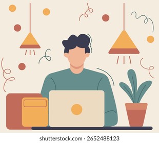 Man working on laptop at home focusing on online sales and social media marketing activities