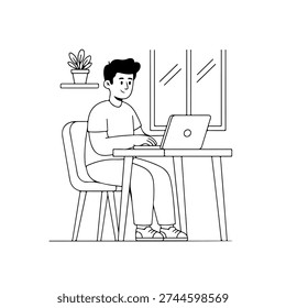 Man Working on Laptop at Home Office – Remote Work Black and White Line Art Illustration