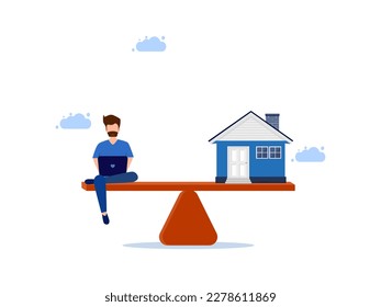 man working on laptop with house on scales. balance work with home