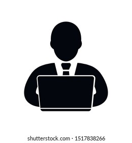 Man working on laptop icon, vector illustration, black sign isolated on white background. 