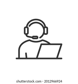 Man working on laptop icon. Online consultant, operator. Communicates with customers through a headset. Working from home