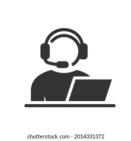 Man working on laptop icon. Online consultant, operator. Communicates with customers through a headset. Working from home