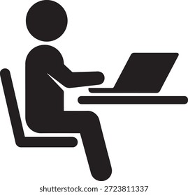 Homem trabalhando no vetor de ícone de laptop. Silhueta de uma pessoa sentada em uma mesa digitando em um computador. Freelancer, estudante e símbolo de trabalhador de escritório.