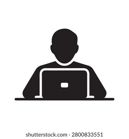 Man working on laptop icon vector illustration. Minimalist freelancer or programmer silhouette.