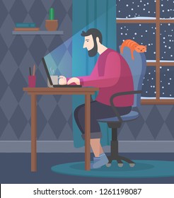 A man working on a laptop. The interior of the home room. Vector illustration.