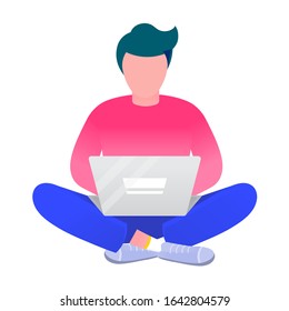 Man working on laptop isolated on white guy sitting on floor with computer. Vector illustration of project startup and market target, guy with personal computer working online, flat cartoon style