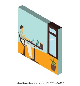 Man working on the laptop isometric left top view 3D icon