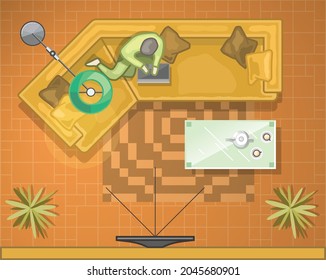 Man working on laptop and laying down on sofa in living room, table,  coffee, carpet, plant and tile floor from top view. Vector