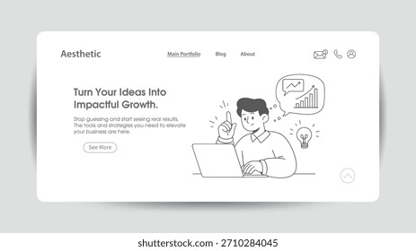 Man working on laptop with lightbulb and growth chart idea business