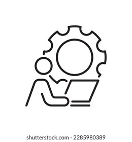 Hombre trabajando en el icono de la línea del portátil