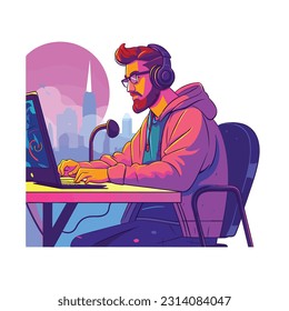 Man working on laptop listen song illustration