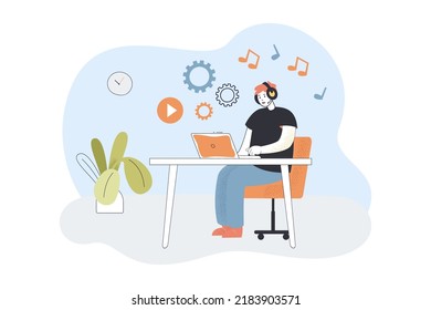 Man working on laptop and listening to music on headphones. Person sitting at desk, working from home flat vector illustration. Freelance concept for banner, website design or landing web page