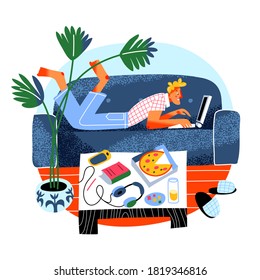 Man working on laptop lying on couch in living room. Freelancer works remotely from comfortable home office. Vector character illustration of telework, online job technology, cozy workplace interior