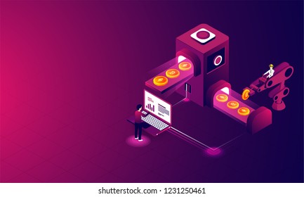 Man Working On Laptop Management Crypto Data On Glossy Background For Crypto Mining Concept Based Isometric Design.