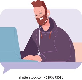 Man working on laptop in message frame. Freelancer character isolated on white background