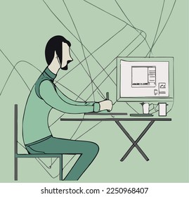 A man is working on a laptop. Modern office interior with workflow icons in the background. Vector illustration.