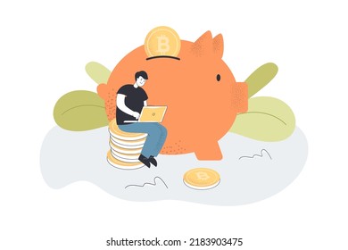 Man working on laptop near piggy bank with bitcoins. Person investing money flat vector illustration. Finance, digital money concept for banner, website design or landing web page
