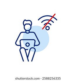 Man working on laptop and no wi-fi symbol. Going offline, communication broken, internet outage. Pixel perfect, editable stroke vector icon