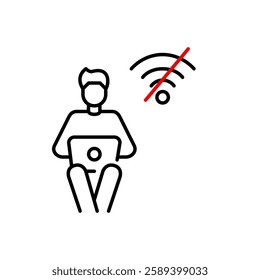 Man working on laptop and no wi-fi symbol. Going offline, communication broken, internet outage. Pixel perfect, editable stroke vector icon