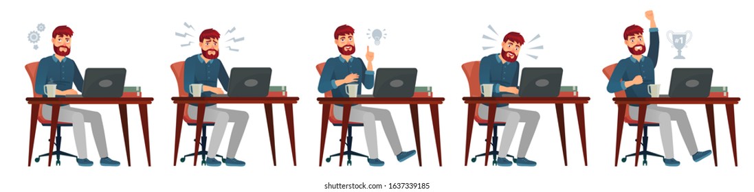 Man working on laptop. Office worker have idea, works with laptop and enjoys success. Work process, bearded programer cartoon vector illustration. Clerk or employee sitting at desk with computer.
