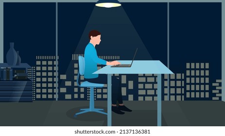 hombre trabajando en un portátil en la oficina de oficina a medianoche, trabajo desde casa e ilustración vectorial de horario de trabajo flexible.