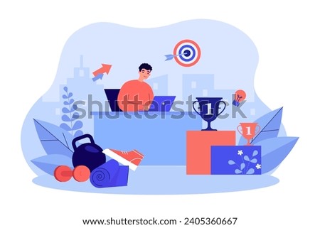 Man working on laptop in office vector illustration. Dumbbell. training shoe, kettlebell, Champion cups versus business target and career development. Sport helping to achieve success at work